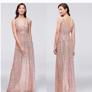 David’s Bridal Sequin V-Neck Bridesmaid Dress with Empire Waist in Rose Gold